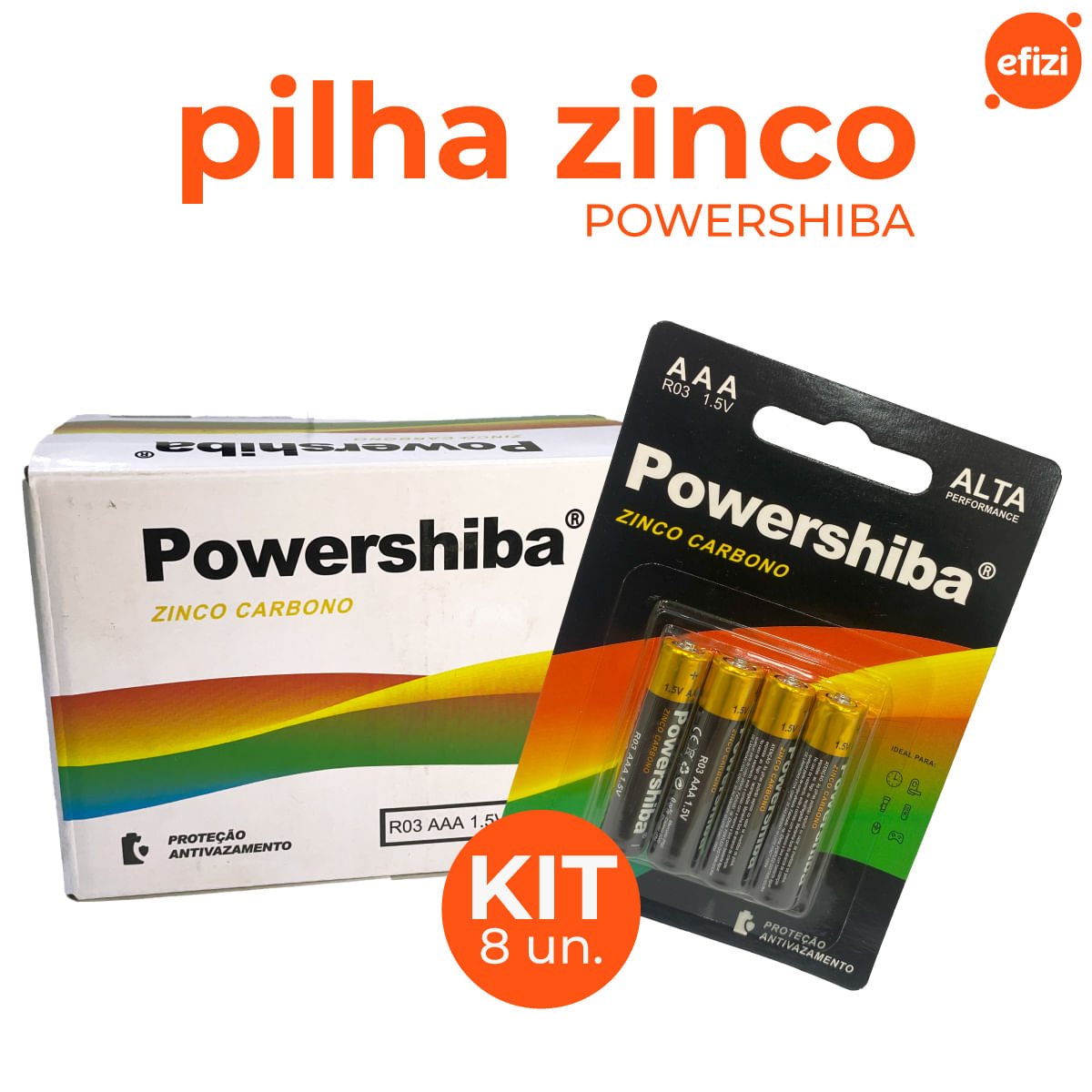 Pilha Zinco Carvão AAA 8 unidades Powershiba