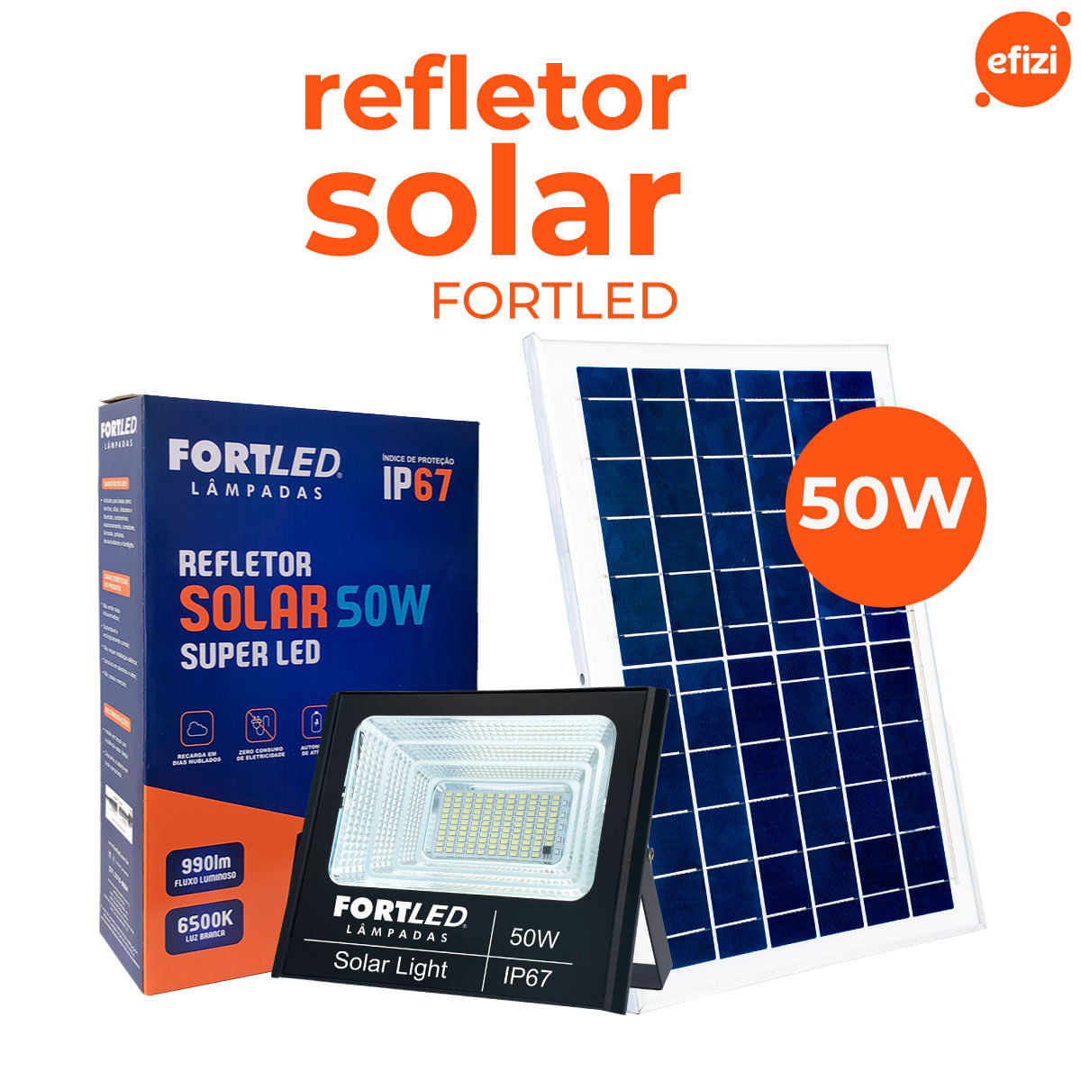 Refletor com Painel Solar 50W Fortled