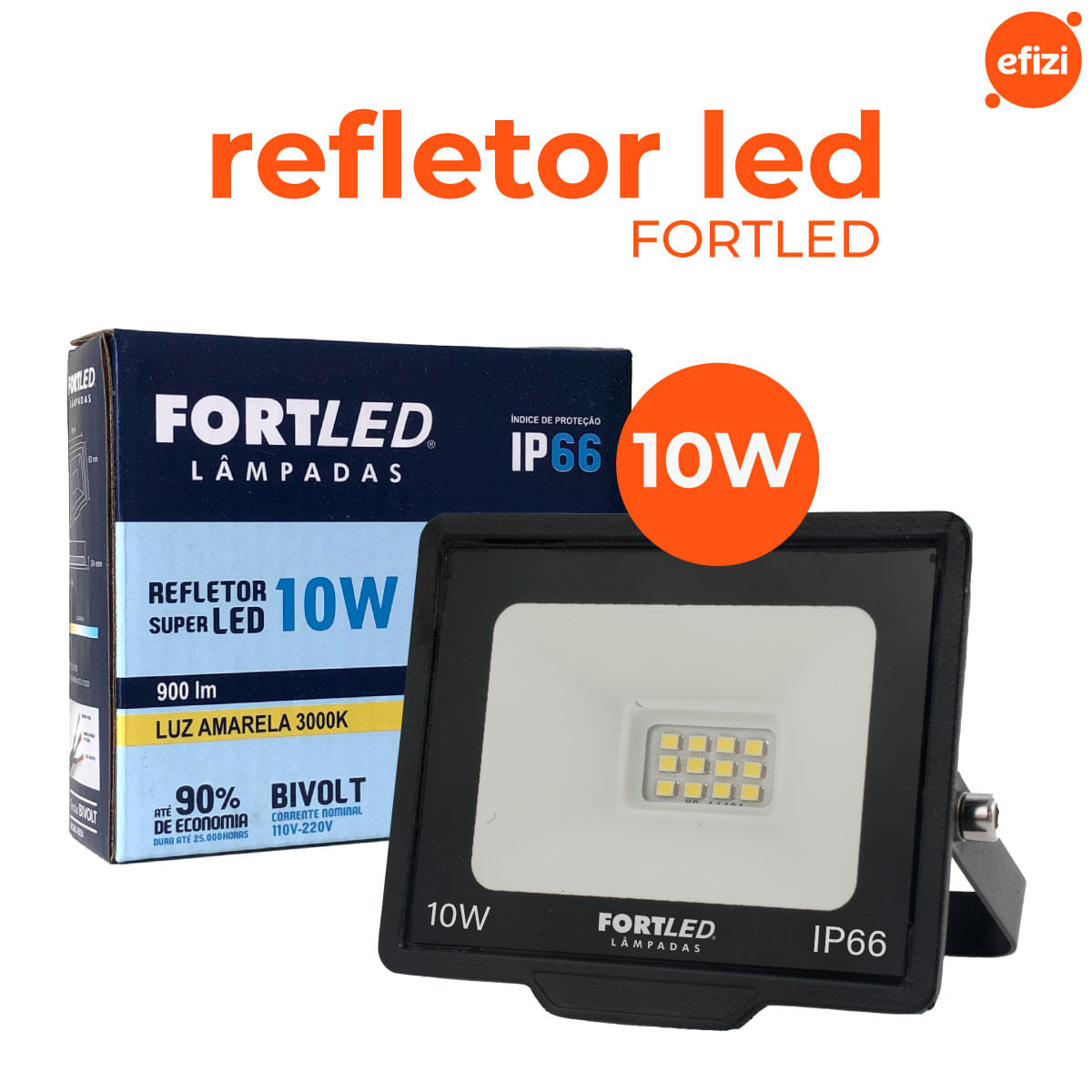 Refletor Led 10W Luz Amarela 3000K Fortled