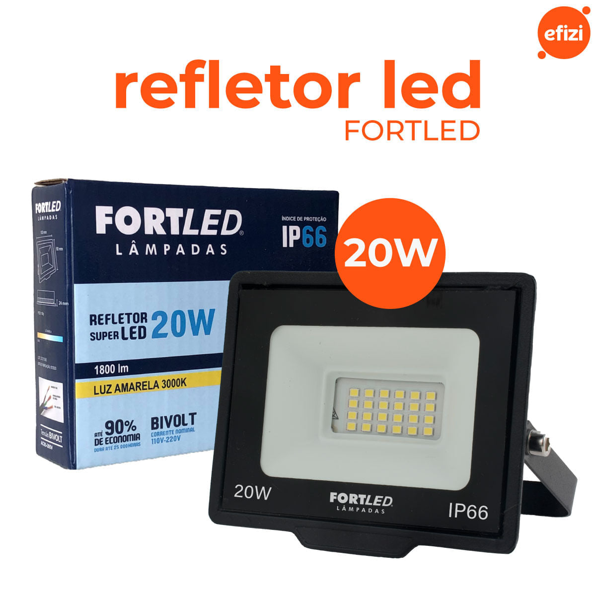 Refletor Led 20W Luz Amarela 3000K Fortled