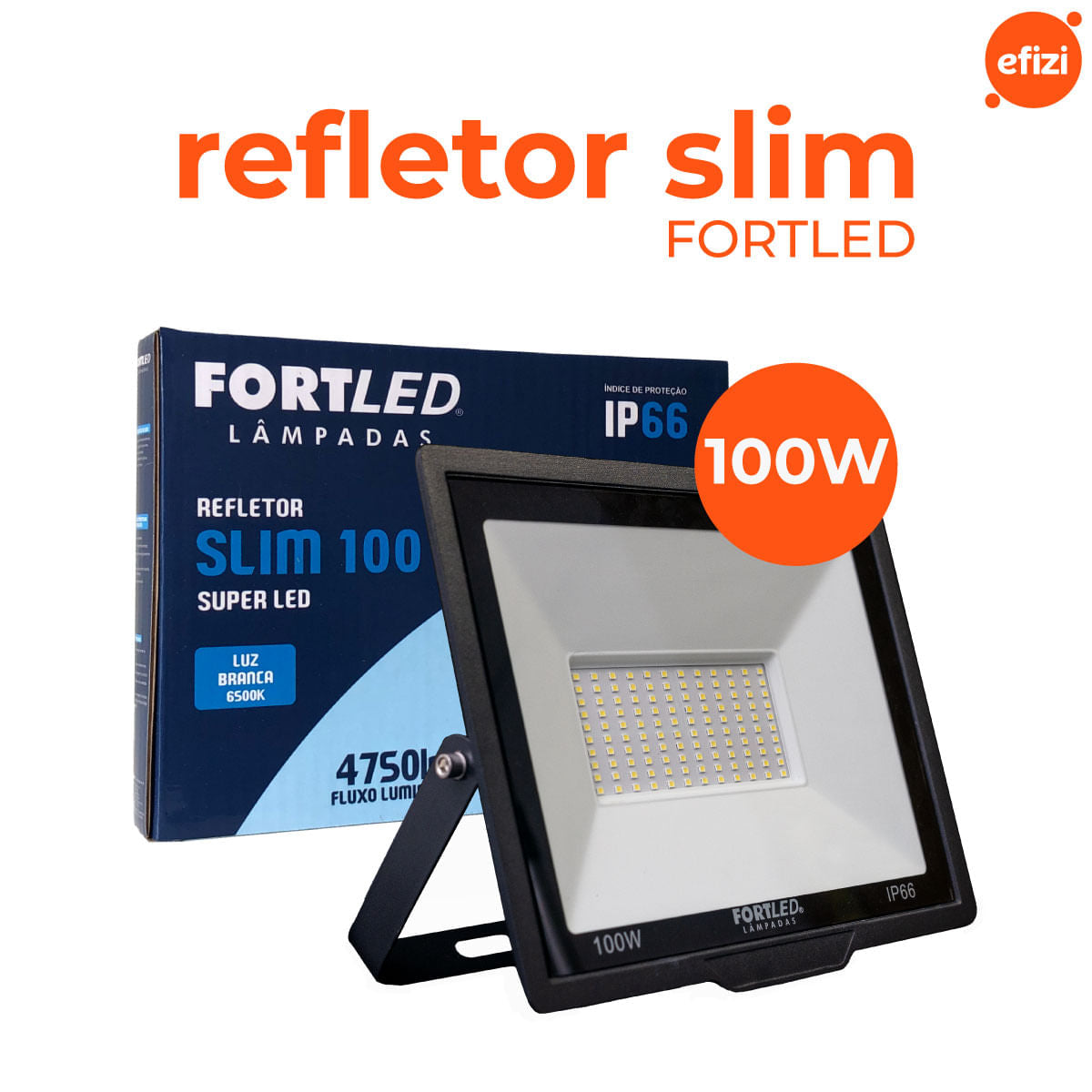 Refletor Slim 100W Luz Branca 6500k Fortle