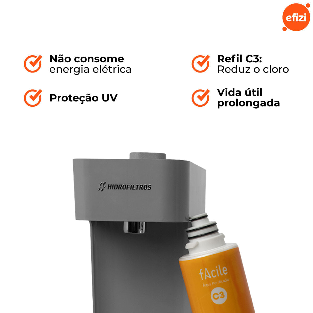 Purificador Facile C3 Carvão Ativado Cinza Hidrofiltros