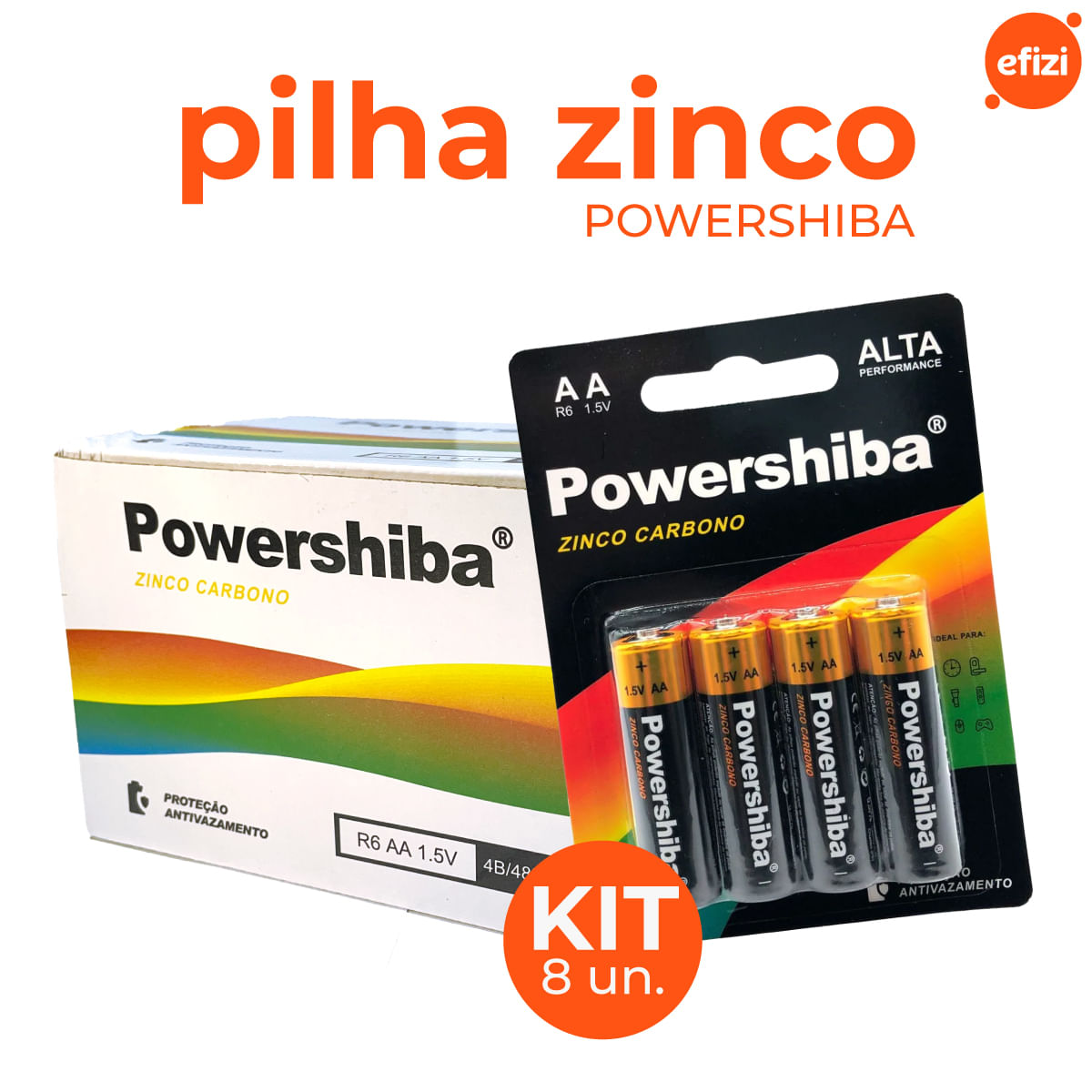 Pilha Zinco Carvão AA 8 unidades Powershiba