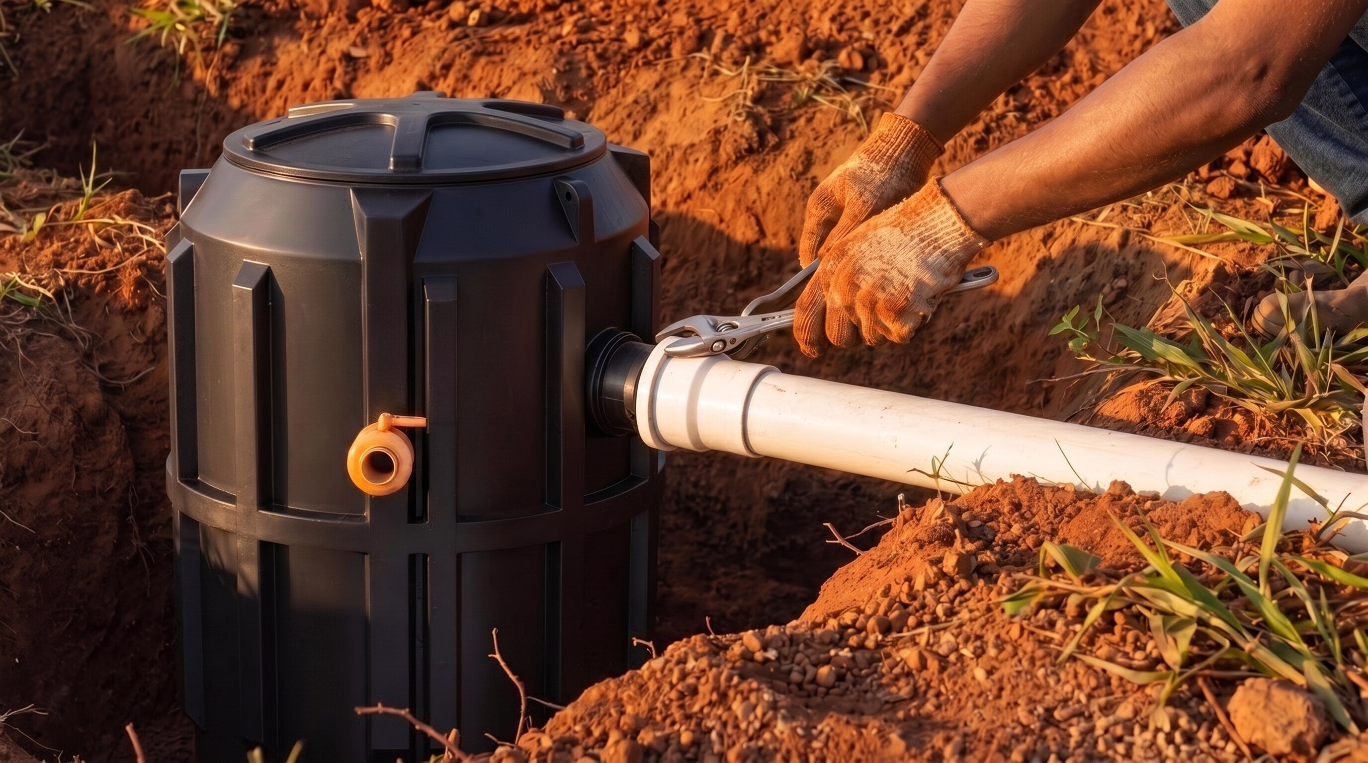 Biodigestor Fortlev instalado no campo ao entardecer, tratamento de esgoto