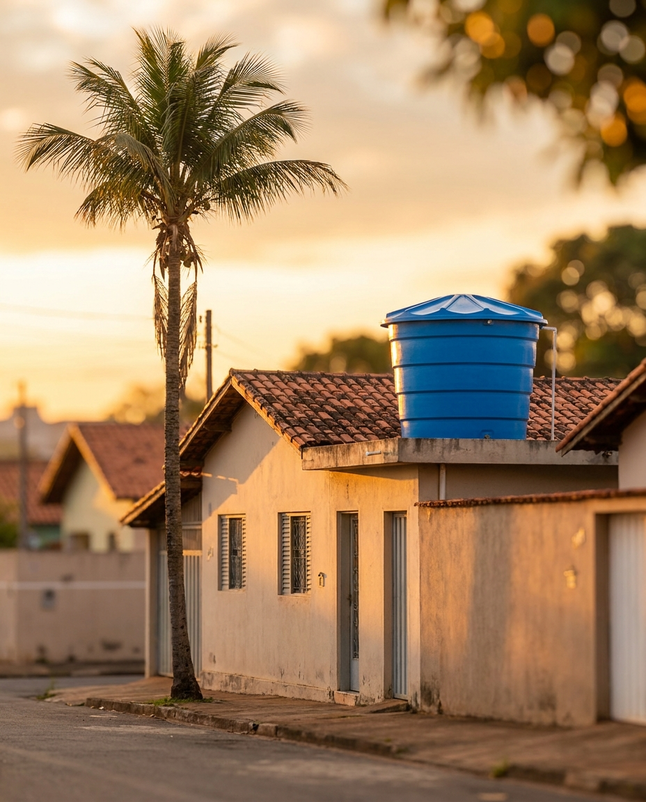 Reserva de água Efizi — casa com caixa d'água nova, golden hour