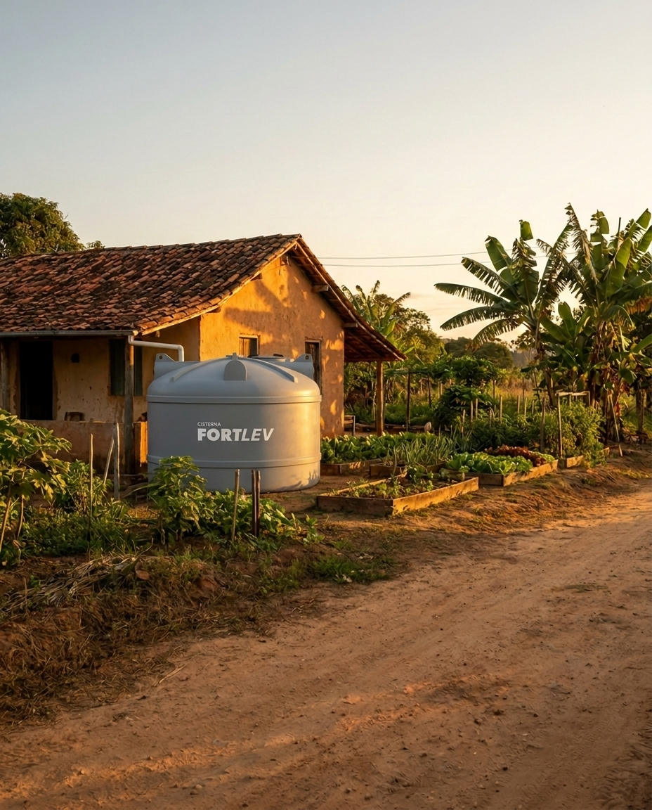 Casa rural brasileira com cisterna Fortlev ao entardecer, fora da rede de saneamento
