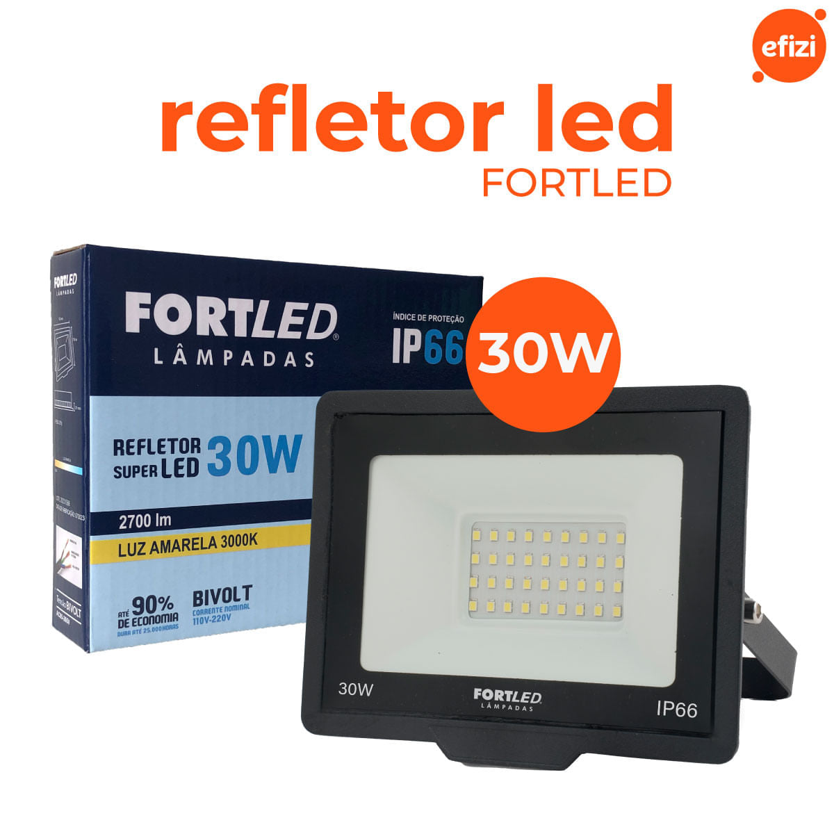 Refletor Led 30W Luz Amarela 3000K Fortled